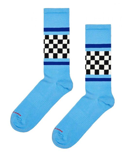 Happy Socks Blue Plaid Checkered Design Sneaker Socks for men