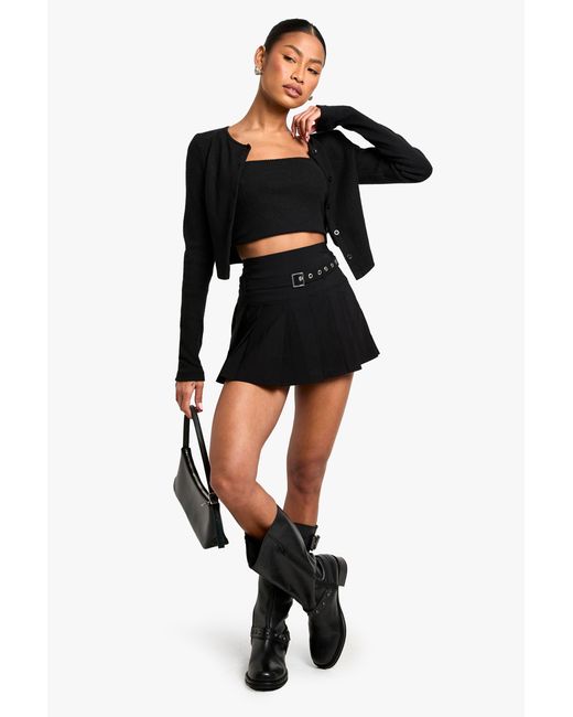 Boohoo Black Buckle Detail Pleated Mini Skirt