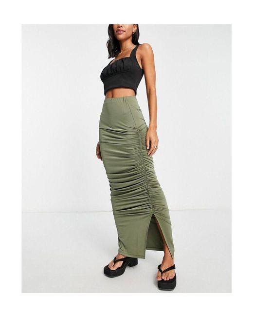 TOPSHOP Green Slinky Ruched Maxi Skirt