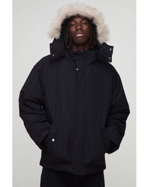 BoohooMAN Blue Oversized Faux Fur Trim Hooded Funnel Parka Jacket for men