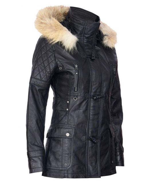 Infinity Leather Black Quilted Hooded Parka Jacket-Northampton