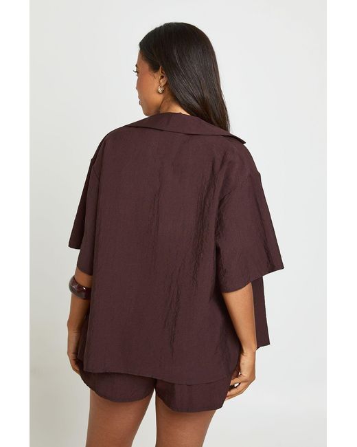 Boohoo Brown Linen Look Short Sleeve Beach Shirt