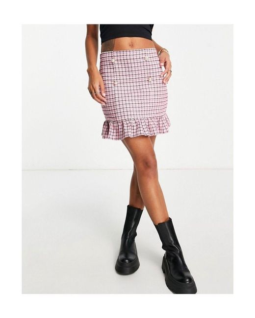Miss Selfridge Red Pink Check Boucle Skirt Polyester/acrylic