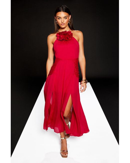 Runway Red 1.8.1.8 Corsage Detail Halter Neck Maxi Dress