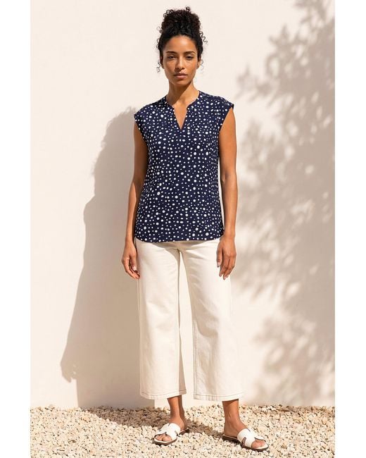 Roman Blue Polka Dot Print Stretch Top