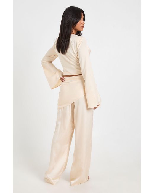 Boohoo Natural Petite Satin Tie Waist Wide Leg Trouser