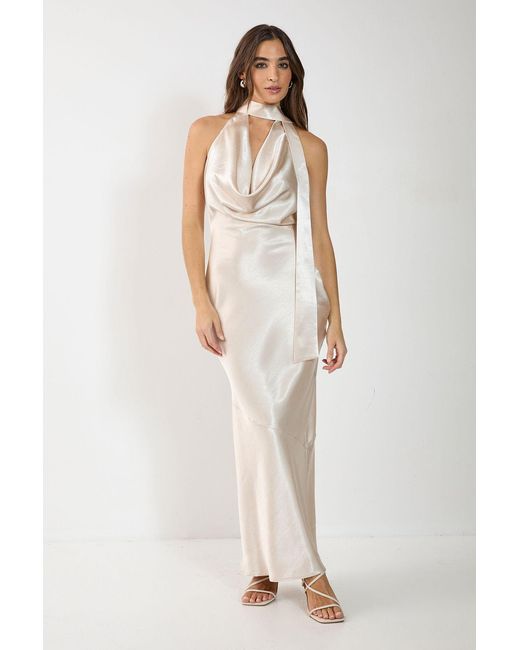 Nasty Gal White Satin Wrap High Neck Cowl Front Maxi Dress