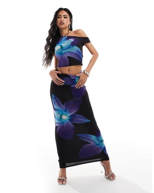 Kaiia Blue Exclusive Mesh Column Maxi Skirt Co-Ord