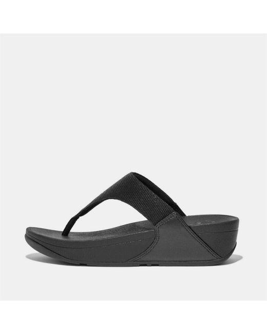 Fitflop Black Lulu Shimmerlux Toe-Post Sandals Glitz Mesh Polyester Faux Leather Pu