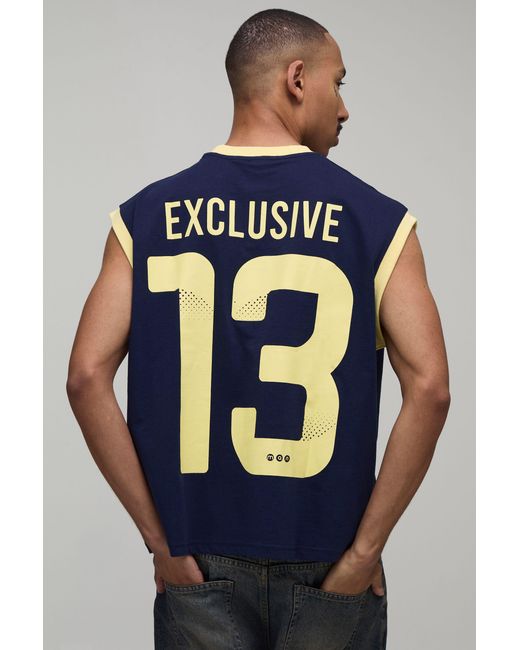 BoohooMAN Blue Oversized Boxy Acid Washed Varsity Printed Vest for men