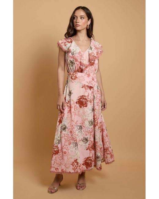 Oasis Brown Cape Sleeve Lace Hem Midaxi Dress