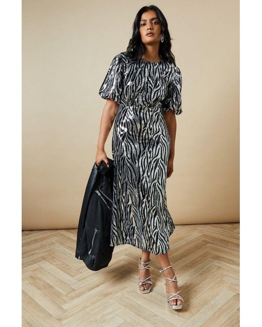 Oasis Blue Occasion Zebra Sequin Puff Sleeve Midi Dress