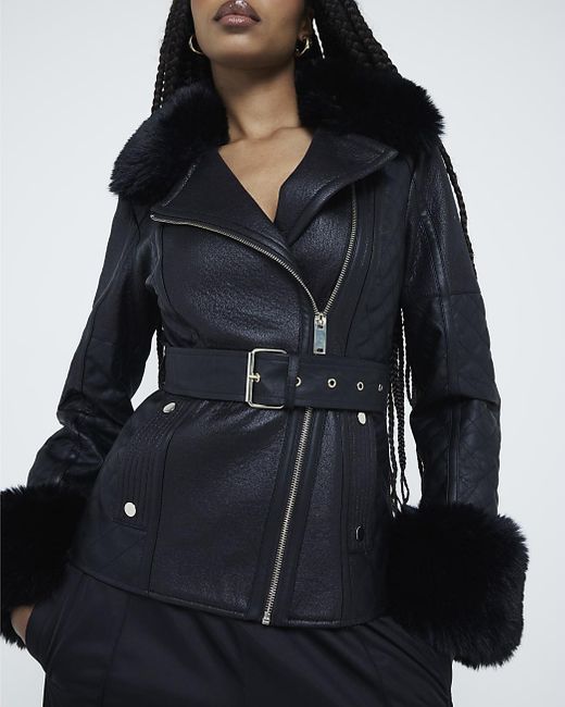 River Island Black Faux Leather Belted Biker Jacket