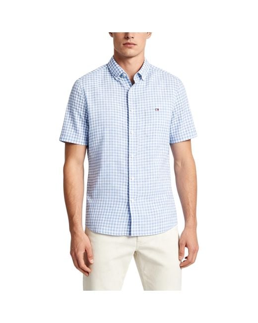 Tommy Hilfiger Blue Oxford Shirts Gingham Checked Regular Short Sleeve Cotton for men