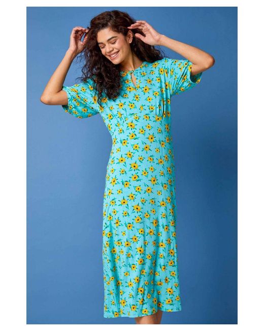 Roman Blue Sunflower Print Keyhole Stretch Midi Dress