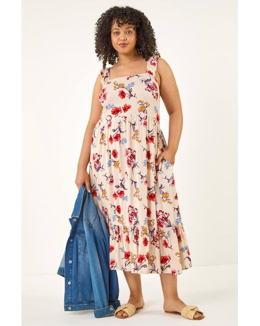 Roman White Curve Ditsy Floral Strap Midi Dress
