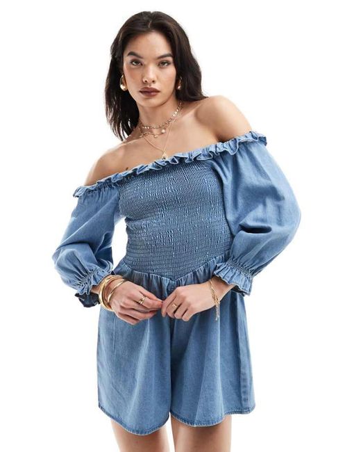 ASOS Blue Soft Denim Off Shoulder Playsuit With Frill Detail
