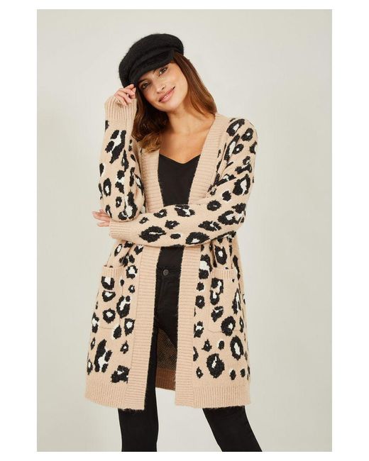 Yumi' Natural Animal Print Intarsia Knit Long Cardigan