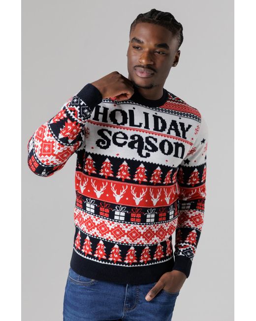 Tokyo Laundry Red Dark Festive Jacquard Crew Neck Jumper for men
