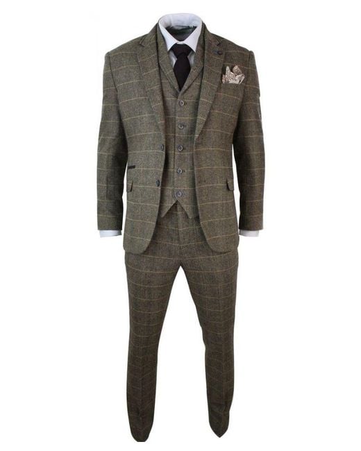 Infinity Leather Green 3 Piece Check Tweed Herringbone Vintage Classic Suit for men