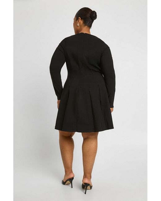 Boohoo Black Plus Bengaline Pleated Long Sleeve Skater Dress