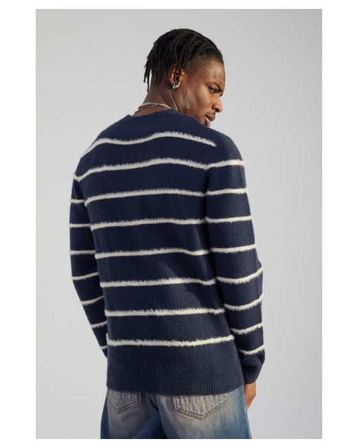 Brave Soul Blue High Crew Neck Striped Knit Jumper for men