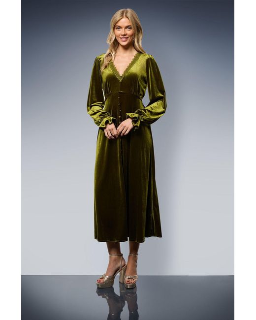 Oasis Velvet Lace Trim Button Through Midi Dress in Green | Lyst UK
