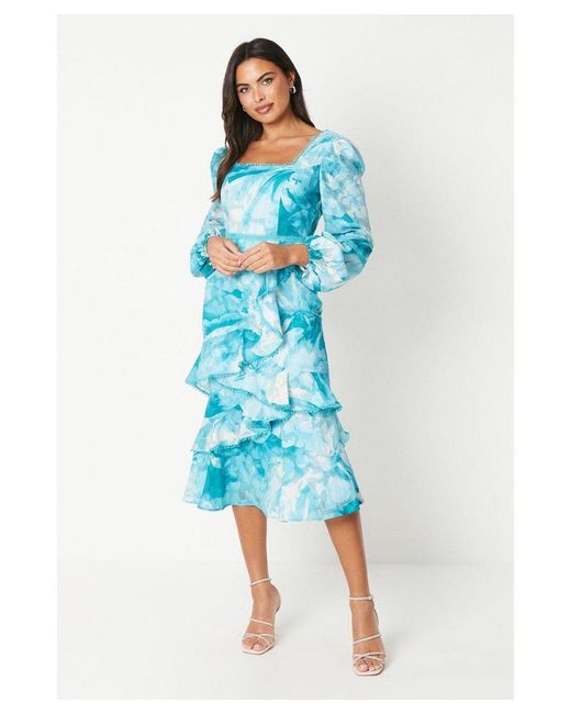 Coast Blue Square Neck Jacquard Ruffle Midi Dress