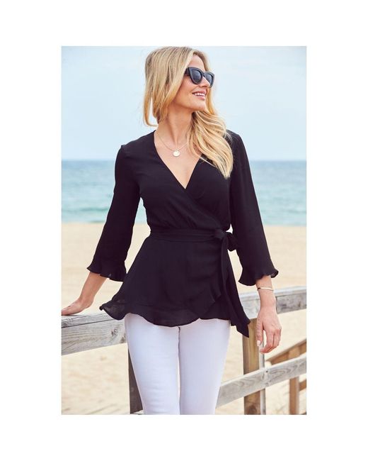Sosandar White Ruffle Hem Fluted Cuff Top Viscose