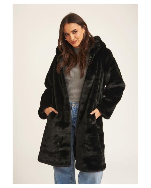Gini London Black Faux Fur Hooded Longline Coat