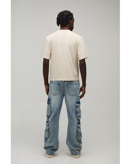 BoohooMAN Blue Washed Relaxed Fit Cargo Flared Jeans for men