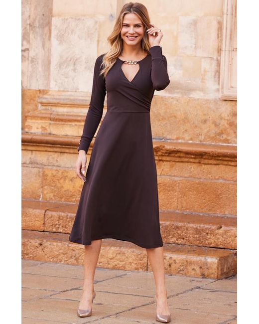 Sosandar Brown Chocolate Chain Detail Fit & Flare Midi Jersey Dress