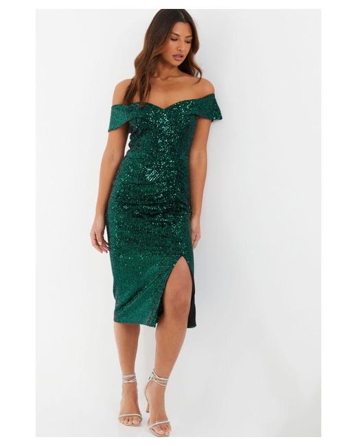 Quiz Green Sequin Bardot Split Midi Dress