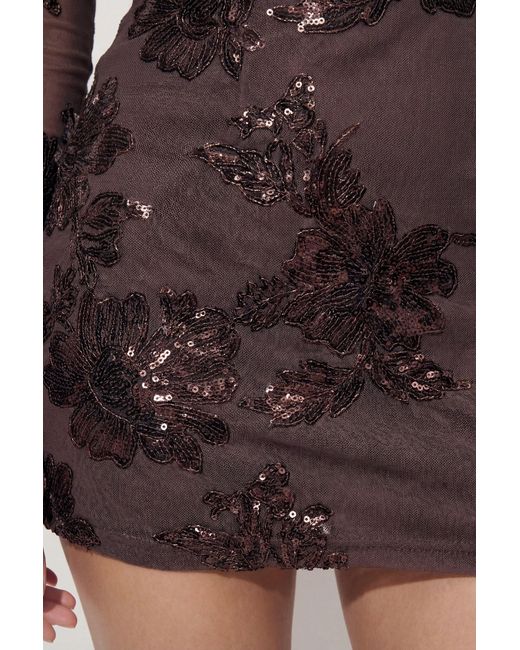MissPap Brown Textured Floral Mesh Mini Dress