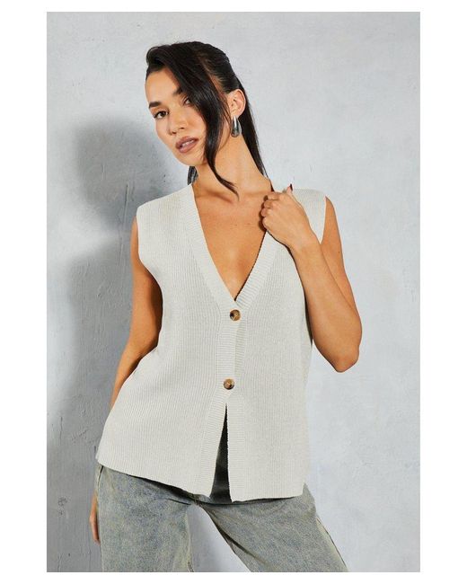 MissPap White Knitted Boxy Oversized Plunge Front Buttoned Waistcoat