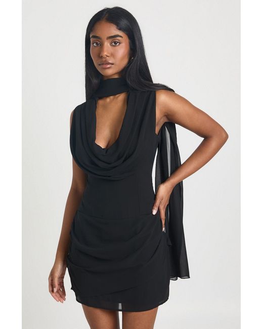 Boohoo Black Chiffon Cowl Neck Sleeveless Scarf Mini Dress