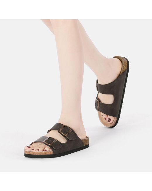 EVER AU Brown Mallard Leather Twin Buckle Sandals