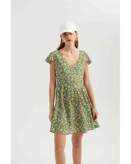 Hiccup Green Floral V Neck Short Sleeve Mini Dress