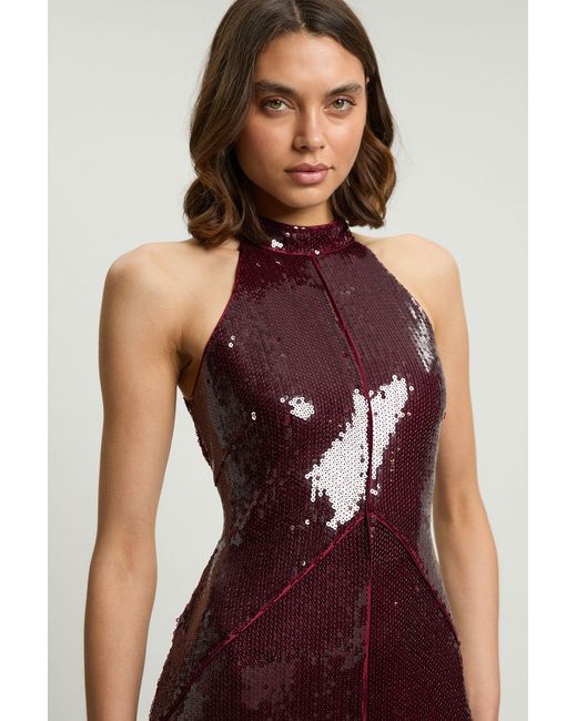 Karen Millen Red Petite Sequin Halter Neck Hanky Hem Maxi Dress