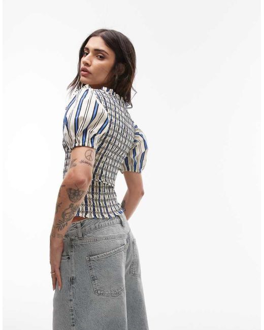 TOPSHOP Gray V Neck Puff Sleeve Shirred Top