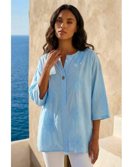 Roman Blue Cotton Floral Embroidered Tunic Top