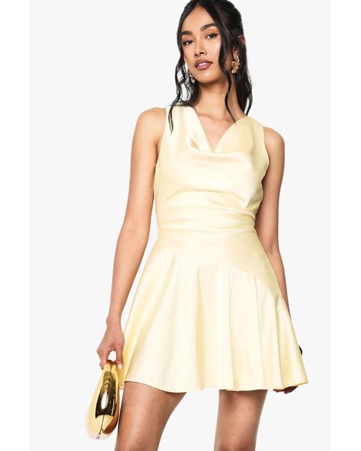 Boohoo Natural Satin Dropped Waist Mini Dress