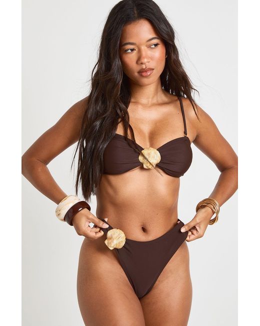 Boohoo Brown Shell Trim Bandeau Bikini Top And High Leg Thong Bottom