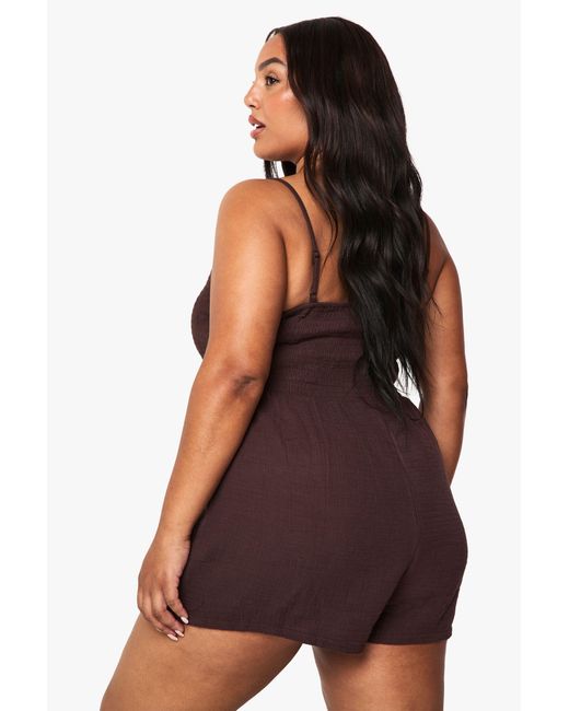 Boohoo Purple Plus Shirred Cheesecloth Flippy Playsuit