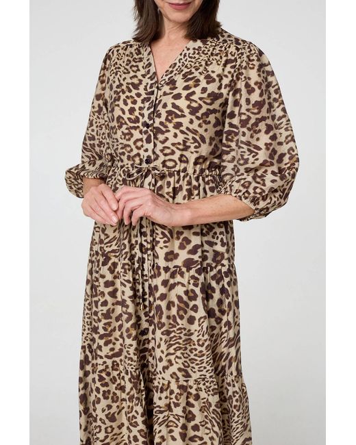 Izabel London Natural Animal Print 3/4 Puff Sleeve Midi Dress