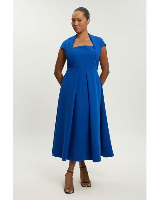 Karen Millen Blue Plus Size Square Neck Tailored Full Skirted Maxi Dress