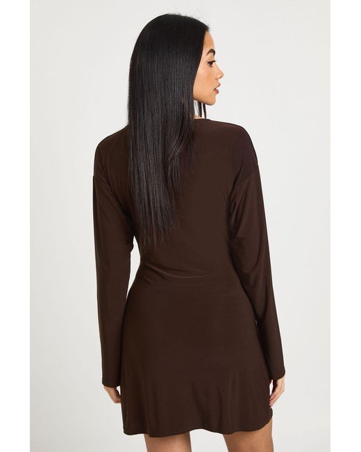 Boohoo Black Slinky Long Sleeve Dress With Trim