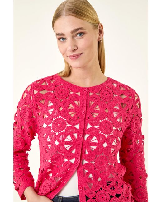 Roman Red Crochet Knit Cardigan