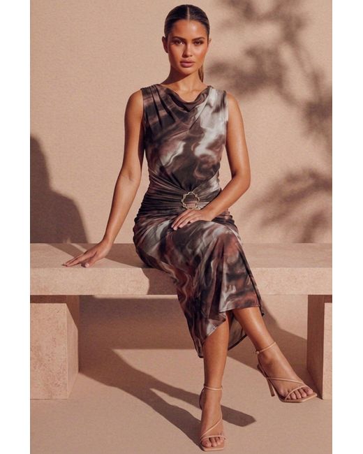 Femme Luxe Brown Marble Print Ring Detail Ruched Maxi Dress