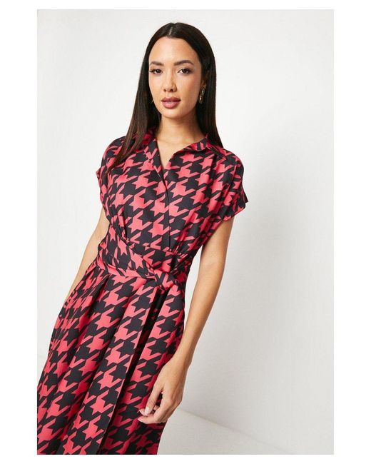 Wallis Red Dogtooth Print Front Tie Shirt Midi Dress